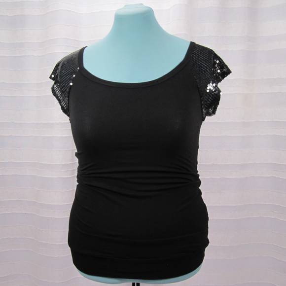 Black Soprano Sequined Cap Sleeve Raglan Top - M - Picture 2 of 6